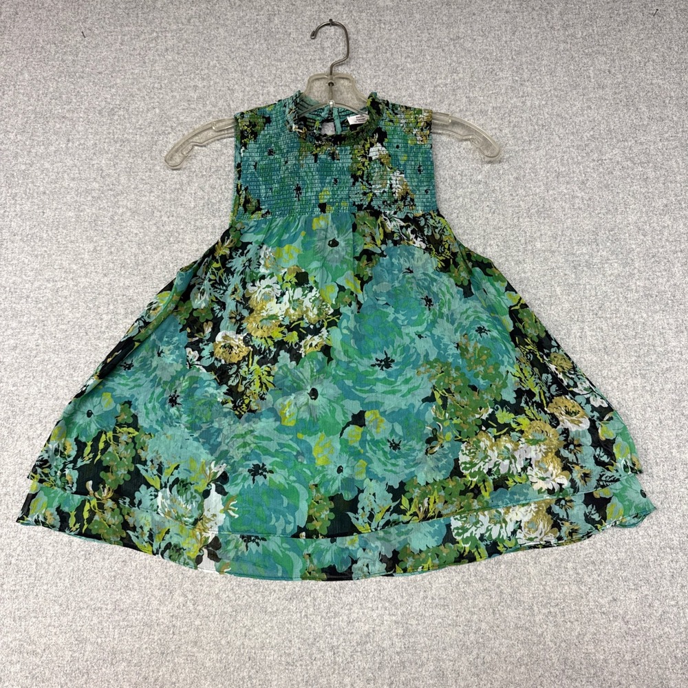 Little Moon | Smocked Floral Sleeveless Top | XS | Green | High Neck Keyhole